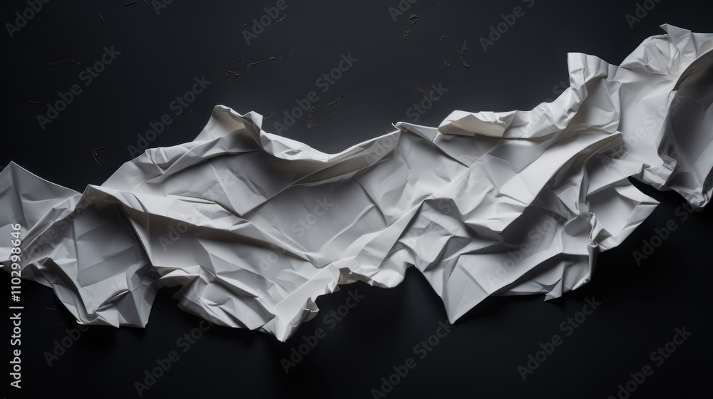 Poster crumpled white paper texture on a dark background showcasing intricate folds and creases for creativ