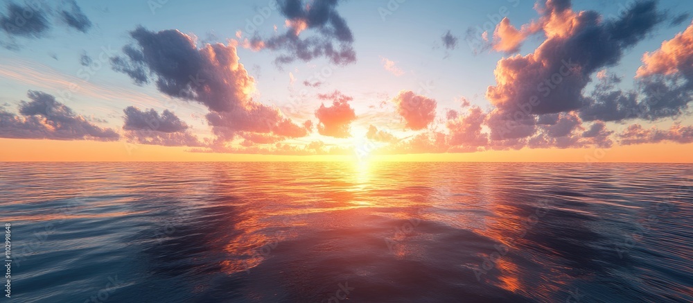 Poster vibrant sunset over calm ocean waters with colorful clouds reflecting on the surface creating a sere