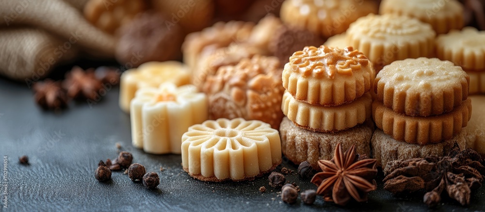 Poster assorted rustic biscuits displayed with decorative patterns and spices on a textured surface for a d