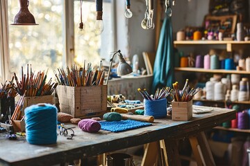 Celebrate National Craft Month with artisans immersed in various creative activities such as knitting, painting, and woodworking in a vibrant studio filled with tools and completed projects.