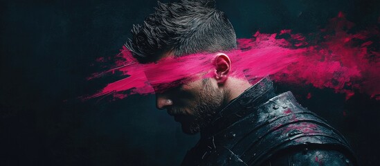 Young man as medieval knight in modern art showcasing emotions with pink paint stroke against dark vintage backdrop blending eras
