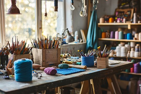 Celebrate National Craft Month with artisans immersed in various creative activities such as knitting, painting, and woodworking in a vibrant studio filled with tools and completed projects.