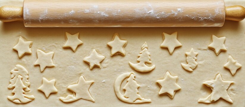 Gingerbread cookie dough with star tree bear and moon shapes ready for baking with a rolling pin on a wooden surface