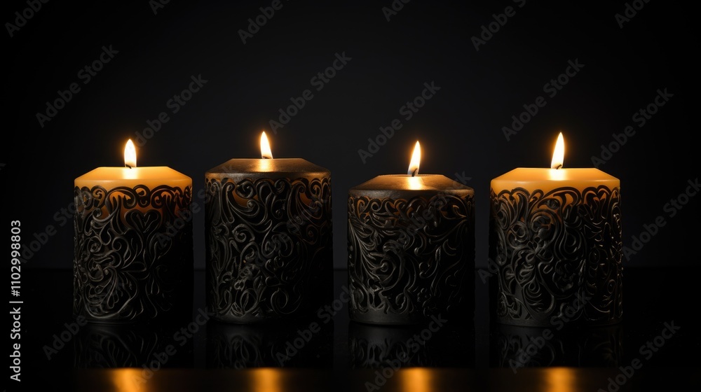 Poster elegant illuminated candles with intricate designs set against a stark black background creating a s
