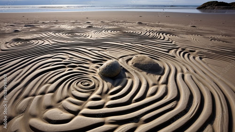 Poster intricate rock patterns on sandy beach creating fascinating textures and designs with gentle waves i