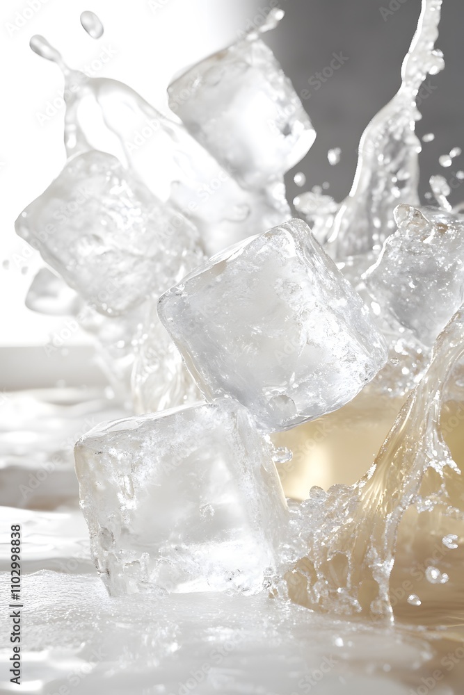 Poster Ice cubes splash into liquid, creating dynamic movement and refreshing imagery.
