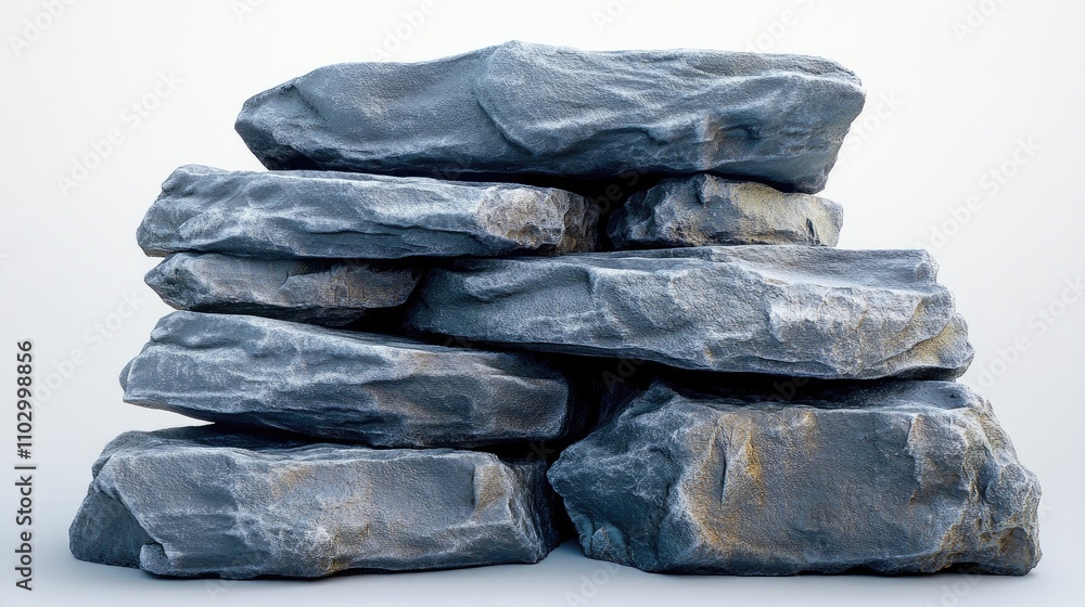Poster stacked grey rocks with textured surfaces arranged meticulously on a clean white background for desi