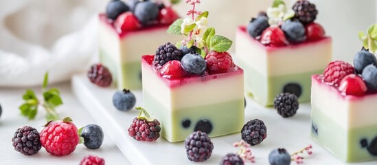 Handcrafted cold processed soap styled as cake with berries on light background natural cosmetics and handmade soap concept