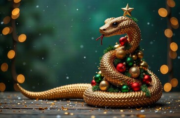 Fototapeta premium Gold snake coils around Christmas tree and decorated with gold, red balls on wooden table, green background. Copy space. Concept: festive celebrations, New Year, advertising photo, Symbol of the year