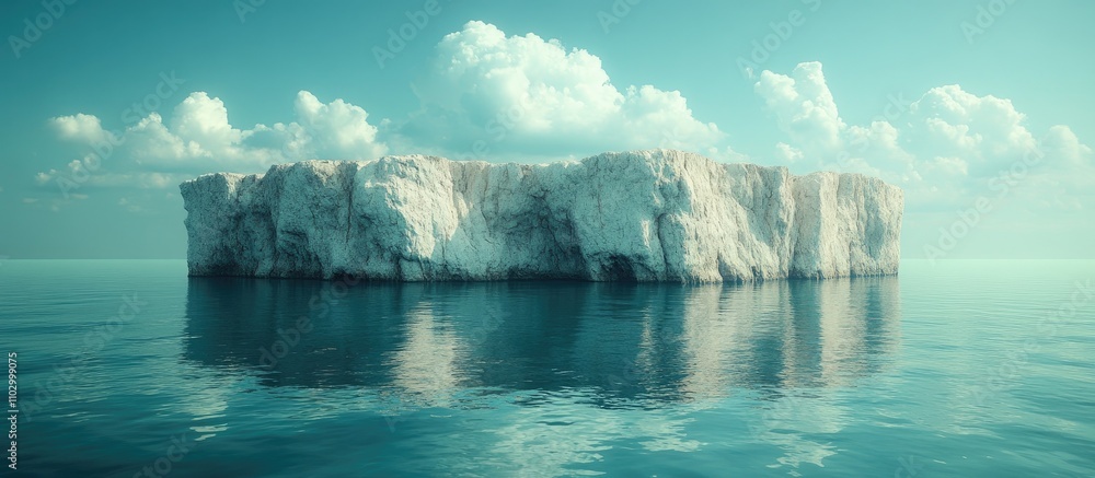 Poster serene rock formation reflecting in the calm azure sea under a bright sky with soft clouds displayin