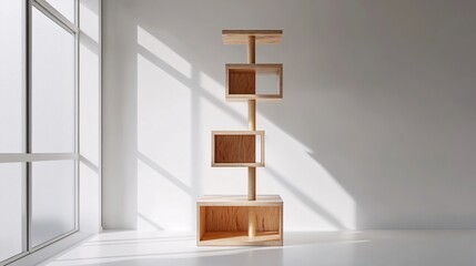 86.A highly detailed 3D render of a multi-level wooden cat tree with platforms, scratching posts, and cozy hiding spots, placed in the center of an empty white room. The clean, minimalist background