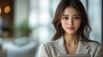 Professional Asian businesswoman using a tablet in a modern office environment with a bright background and a focused expression.