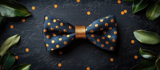 Elegant bow tie and festive confetti on a black backdrop with birthday message for men top view decoration idea