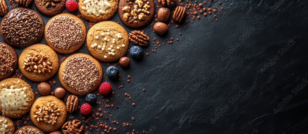 Poster vibrant cookie collection on dark stone surface with space for text top view baking design idea for 