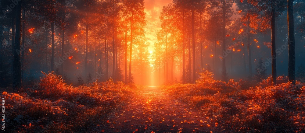 Poster enchanting autumn forest trail illuminated by warm sunlight filtering through tall trees creating a 