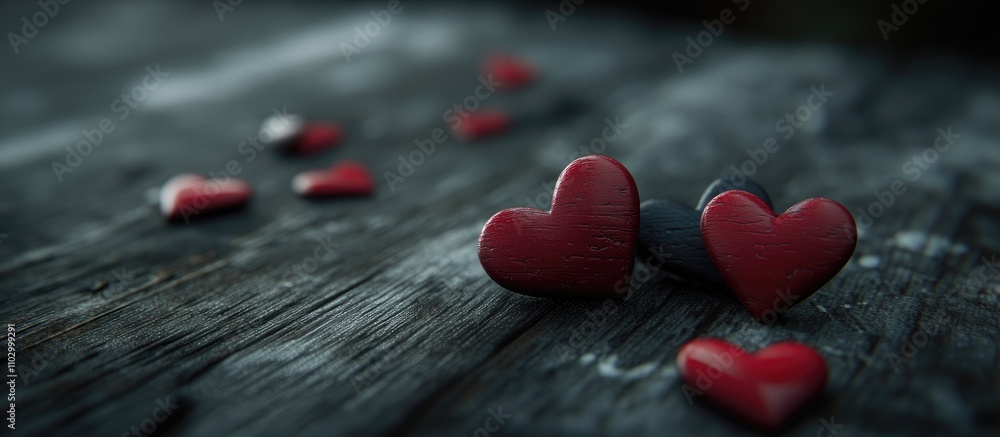 Poster wooden surface adorned with red and black heart shapes creating a romantic and rustic ambiance in a 