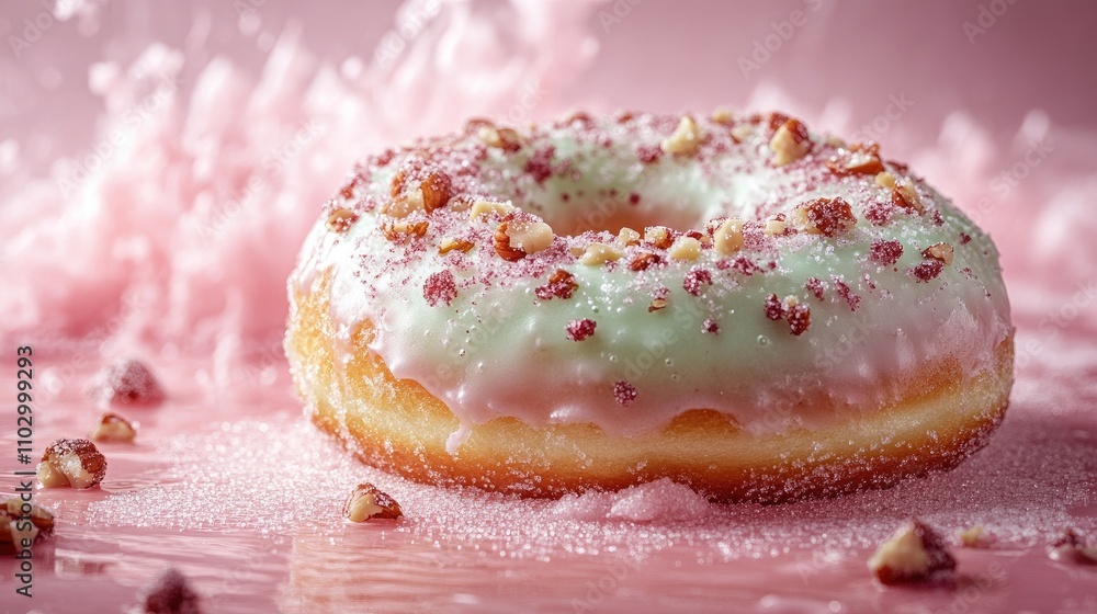 Poster donut with green sugar and crushed nuts on a pink background creating a vibrant and appetizing desse