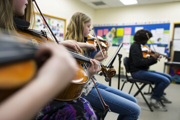 Students celebrate National Music in Our Schools Month by playing diverse instruments in a vibrant classroom rich with educational posters, emphasizing creativity and teamwork in music.