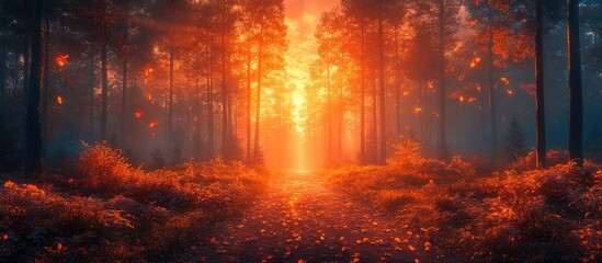Fototapeta premium Enchanting autumn forest trail illuminated by warm sunlight filtering through tall trees creating a serene and magical atmosphere.