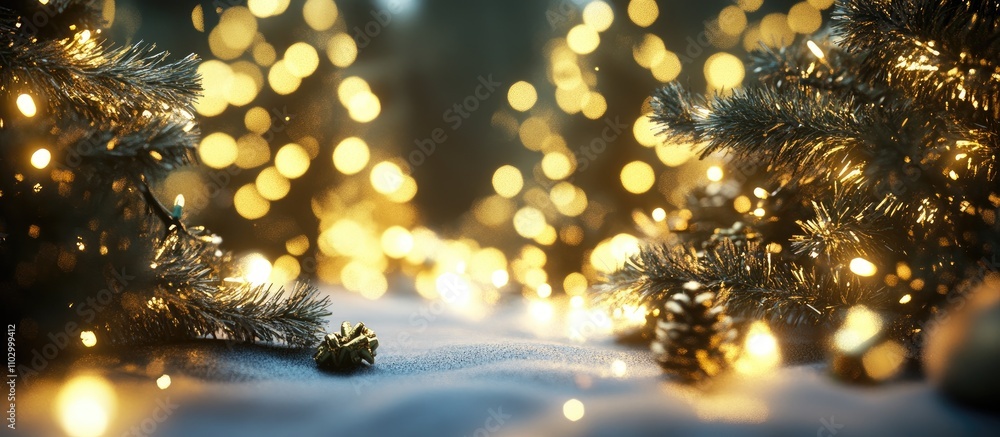 Poster warm festive lights illuminating a winter scene with pine branches and soft snow creating a cozy chr