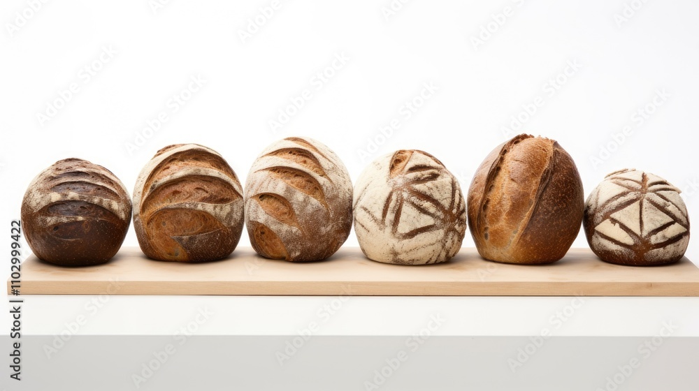 Poster artisan sourdough breads with unique patterns displayed on a wooden board against a minimalistic whi