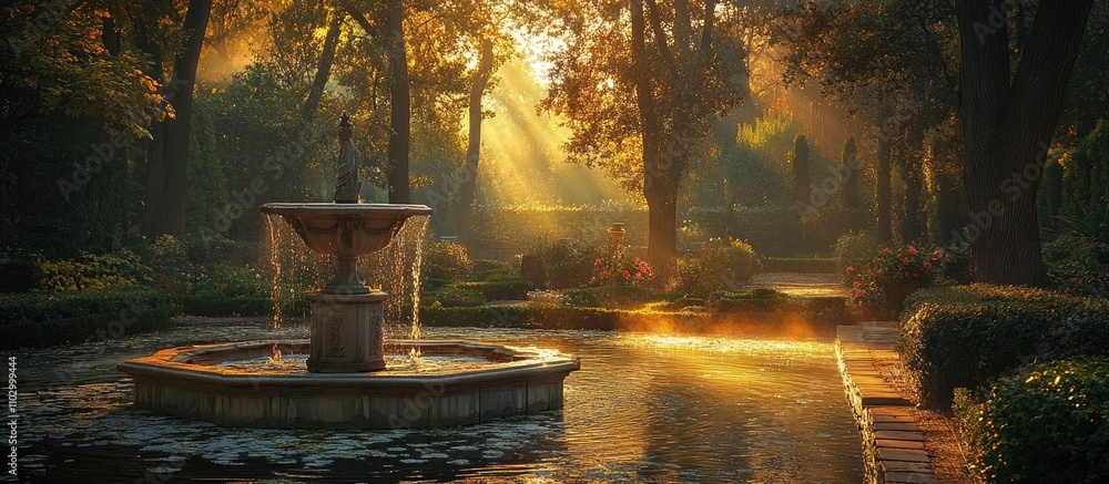 Aufkleber tranquil garden scene with fountain surrounded by lush greenery and sunlight filtering through trees