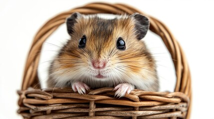 Cute hamster sitting in a woven basket against a clean white background creating an adorable and playful atmosphere for pet imagery