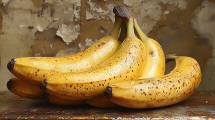 Ripe spotted bananas on rustic surface against weathered background showcasing natural textures and colors of fruit.