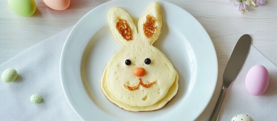 Easter bunny pancakes for kids breakfast served on a plate with colorful eggs around for a festive morning celebration