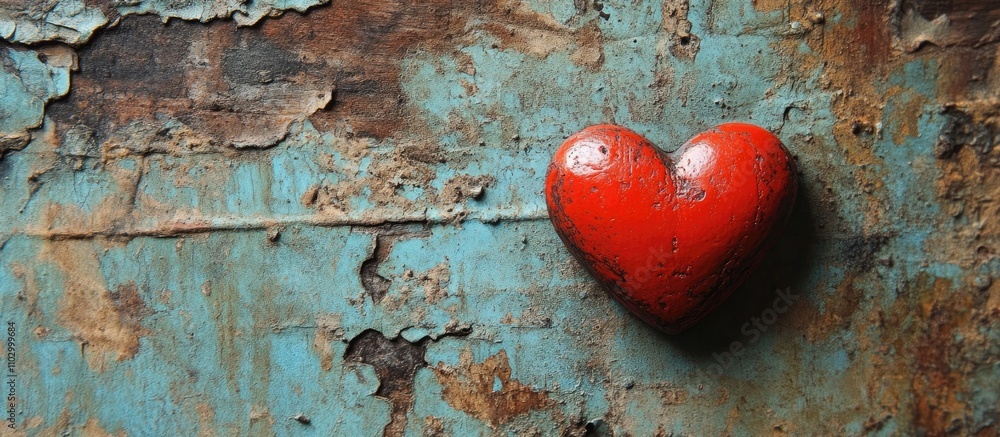 Poster red heart symbol on textured blue rusted background conveying love and emotion in an artistic repres