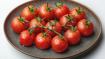 Fresh red cherry tomatoes with water drops on a textured brown plate against a clean white background. Healthy food concept.