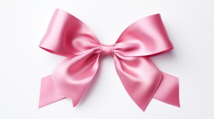 Naklejka premium Elegant pink satin ribbon bow arranged on a pristine white background for festive and decorative design purposes.