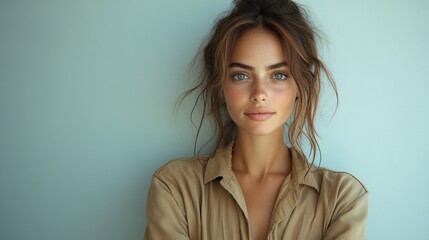 Naklejka premium Confident young woman in khaki attire with arms crossed exuding satisfaction against a neutral background showcasing her natural beauty.