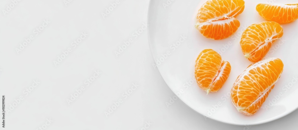 Aufkleber peeled mandarin segments displayed on a white plate with ample copy space for creative use in food-r