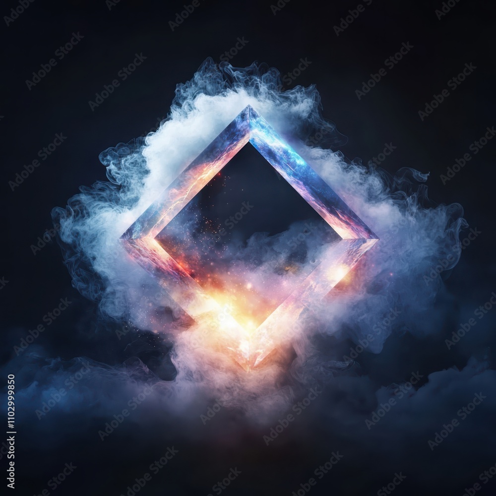 Poster creating a magical atmosphere crystalline diamond frame with rainbow smoke void in a dark setting di