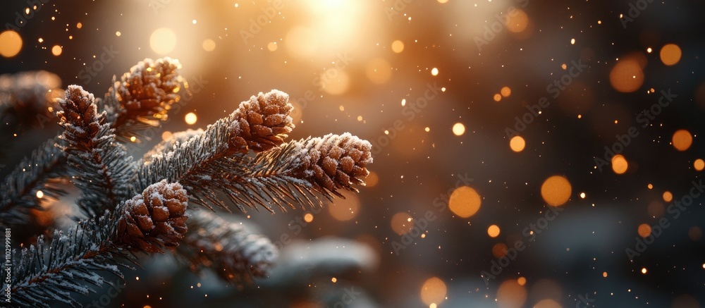 Poster textured tree branches with pinecones and soft bokeh lights creating a warm festive atmosphere perfe