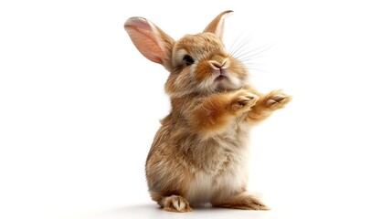 Obraz premium A happy rabbit doing a silly dance, twirling its ears on a white background