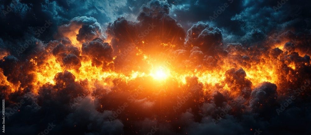 Aufkleber dynamic explosion scene with fiery clouds against a deep blue sky showcasing the power and impact of