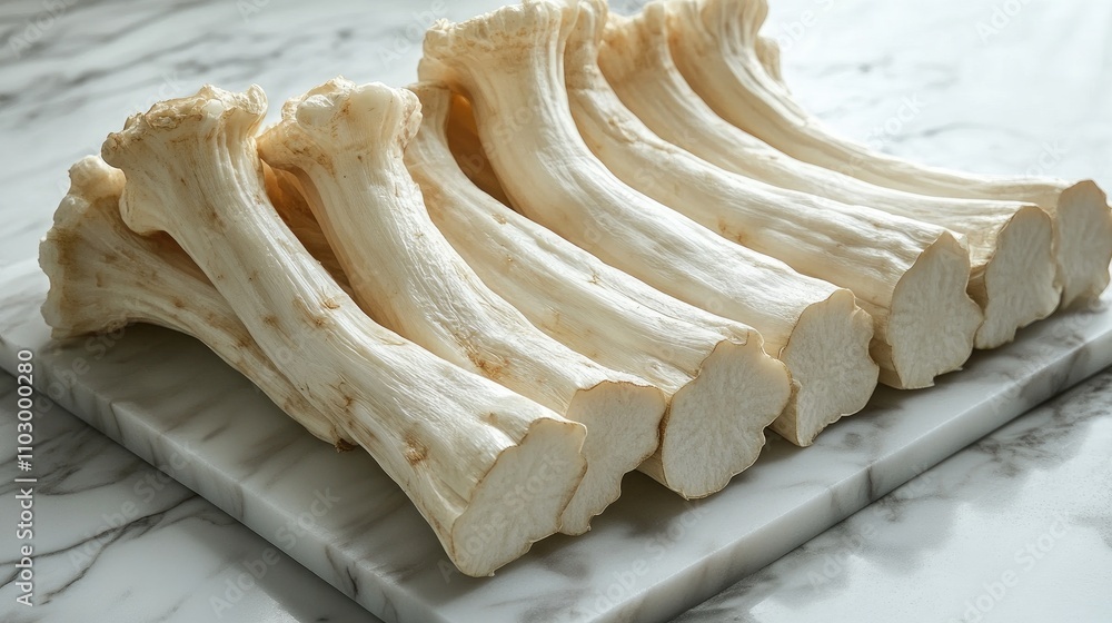 Poster freshly sliced chinese yam arranged neatly on a marble surface showcasing its unique texture and fre