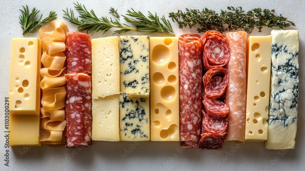 Poster assorted rolled cheese slices with herbs displayed on a white background viewed from above ideal for