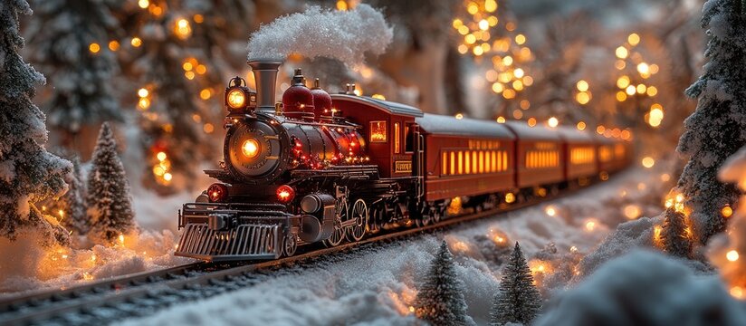 Christmas themed vintage train set in a snowy landscape with festive lights and decorations for holiday celebrations.