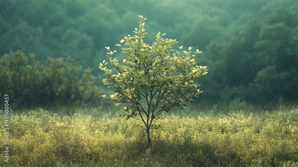 Aufkleber isolated tree in serene natural setting with soft green backdrop highlighting tranquility and simpli