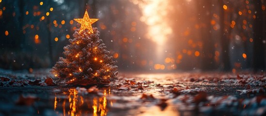 Outdoor Christmas tree with glowing star and festive lights amidst a serene winter landscape during a snowy evening celebration