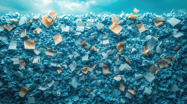 Office paper waste pile on vibrant blue background showcasing environmental impact and paper recycling concepts in high resolution.