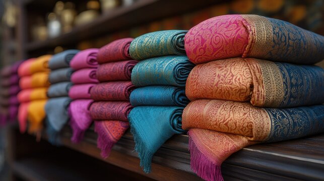 Colorful silk pashmina shawls neatly arranged in a market showcase highlighting traditional patterns and vibrant hues
