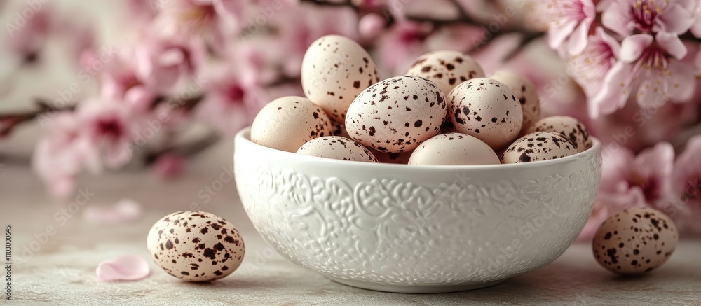 Poster spring themed background featuring quail eggs in a porcelain bowl with cherry blossoms on a light ba
