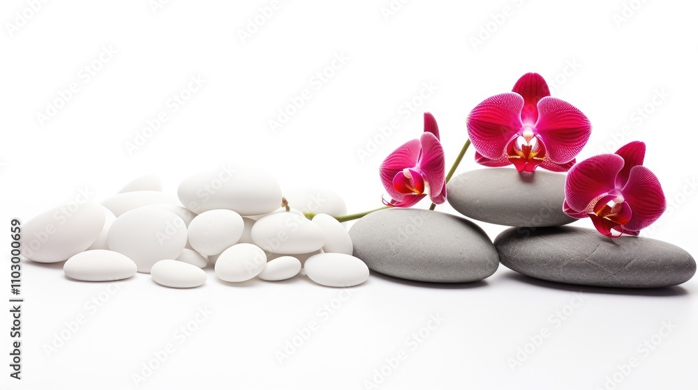 Poster spa stones arranged with vibrant red orchids on a clean white background creating a tranquil and cal