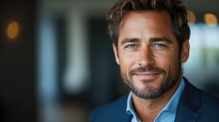 Obraz premium Professional businessman portrait with a confident smile in a modern studio setting. Ideal for business and corporate visual content.