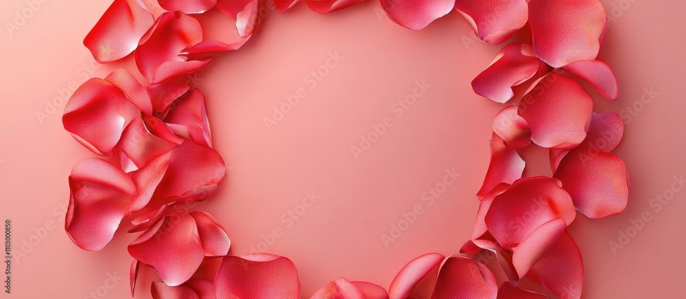 Poster red rose petals in circular layout on soft pink background ideal for design elements with space for 