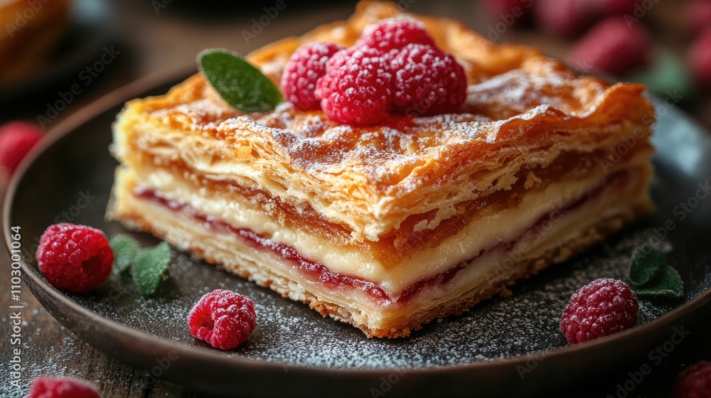 Poster decadent raspberry pastry layered with cream and crispy phyllo served on a rustic plate with fresh b